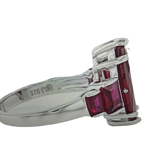 Marquuise & Baguette Red Lab Created Ruby Rhodium Over Sterling Silver Ring 2.87 - Picture 3 of 7